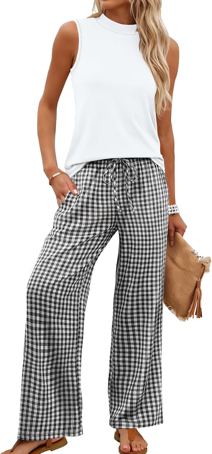 Two Piece Set for Women Summer Spring Outfits Cruise Travel Airport Beach Vacation Mock Neck Wide Leg Pants Set