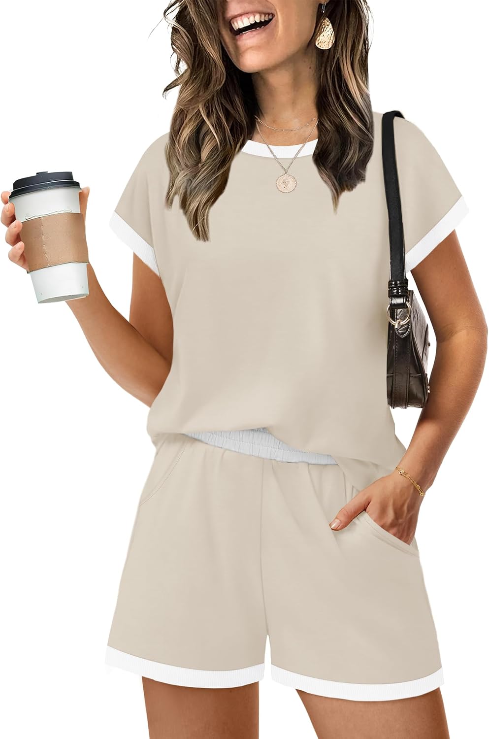 Two Piece Sets for Women Summer Lounge Short Sets Cap Sleeve Crew Neck Sweatsuit with Pocket XS-2XL