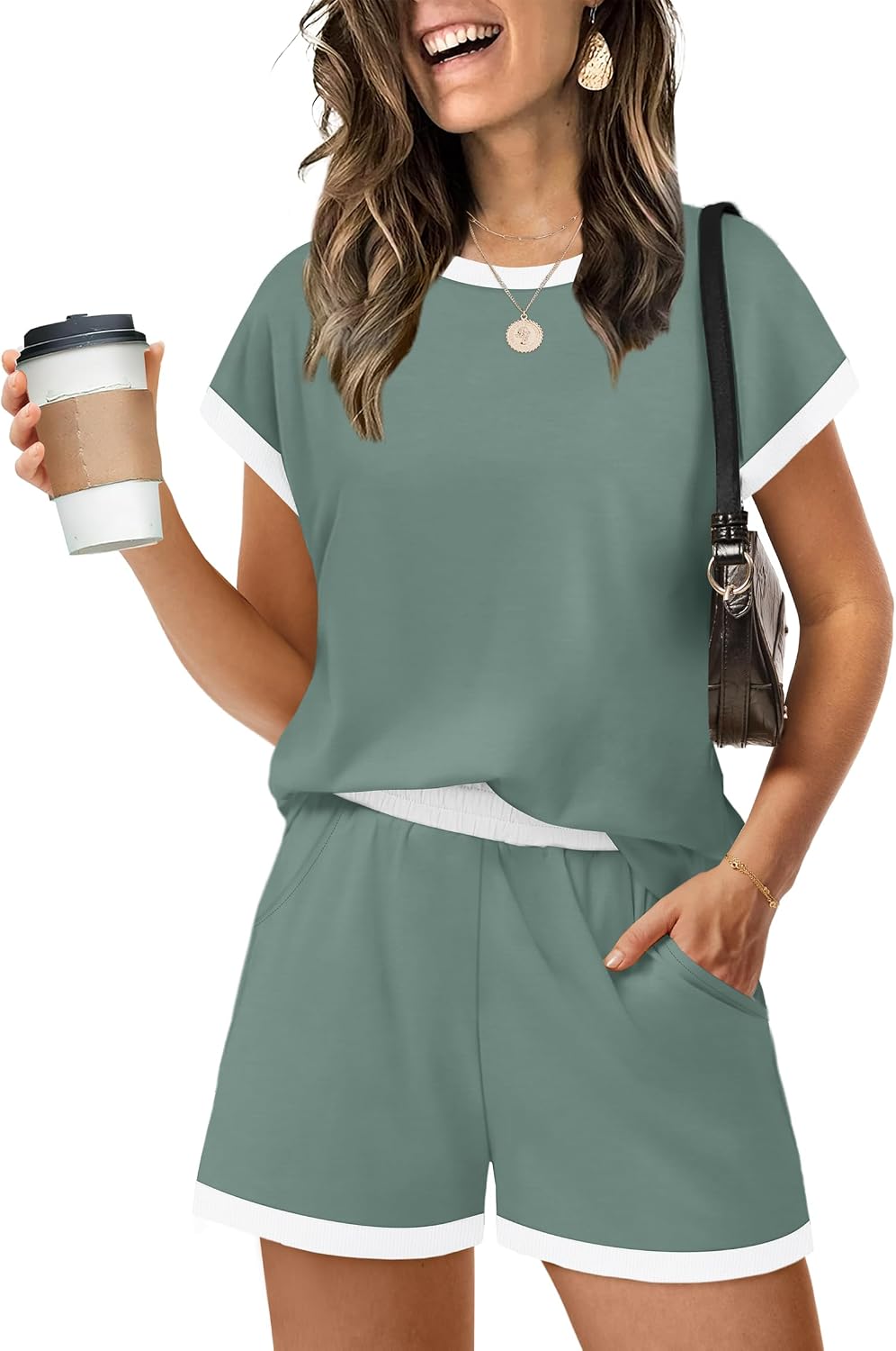 Two Piece Sets for Women Summer Lounge Short Sets Cap Sleeve Crew Neck Sweatsuit with Pocket XS-2XL