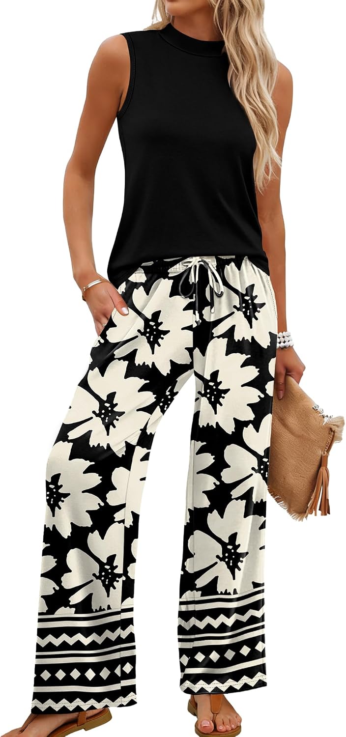 Two Piece Set for Women Summer Spring Outfits Cruise Travel Airport Beach Vacation Mock Neck Wide Leg Pants Set