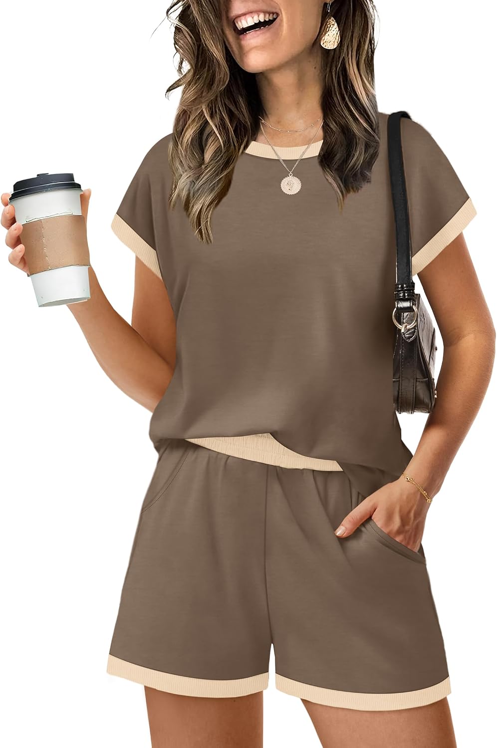Two Piece Sets for Women Summer Lounge Short Sets Cap Sleeve Crew Neck Sweatsuit with Pocket XS-2XL
