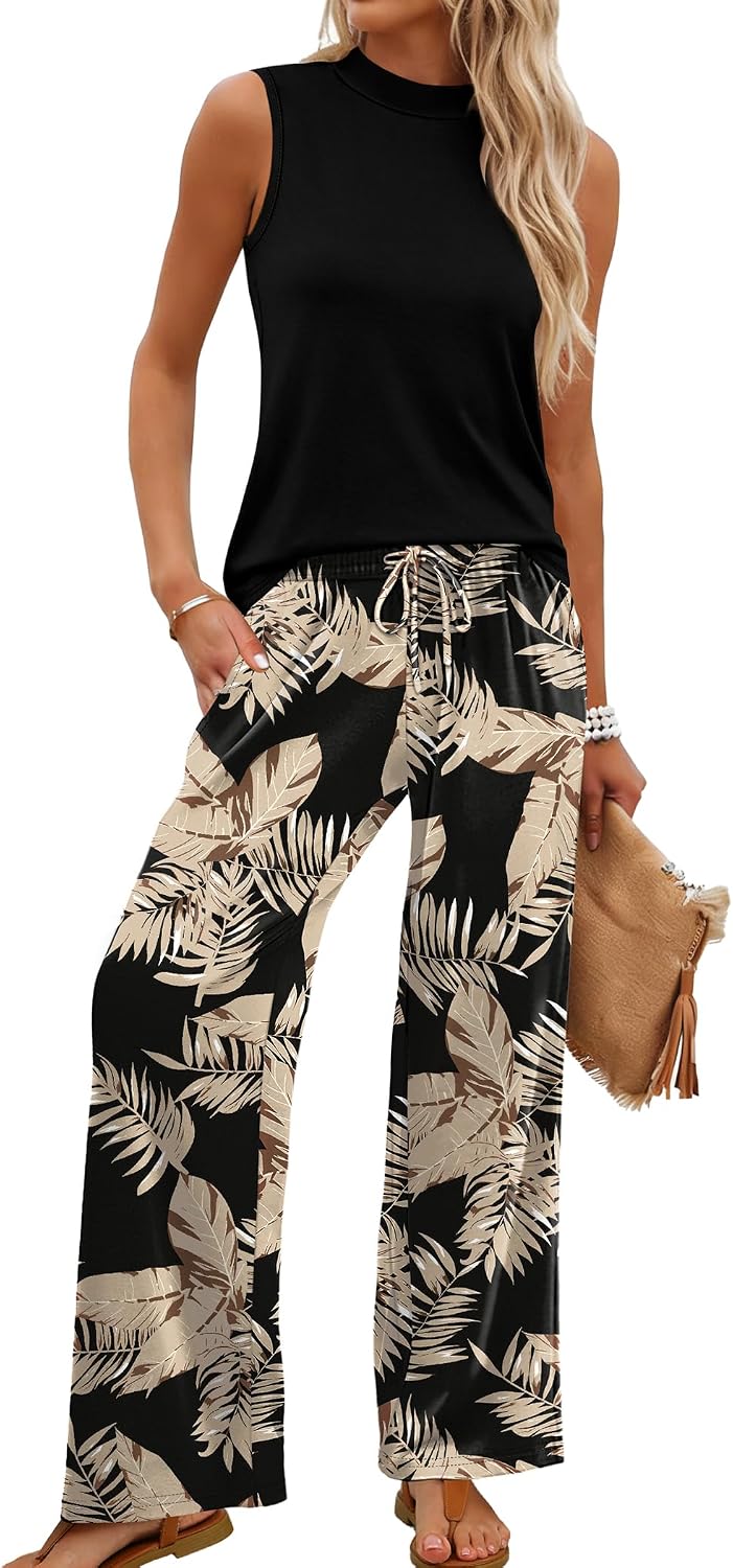 Two Piece Set for Women Summer Spring Outfits Cruise Travel Airport Beach Vacation Mock Neck Wide Leg Pants Set