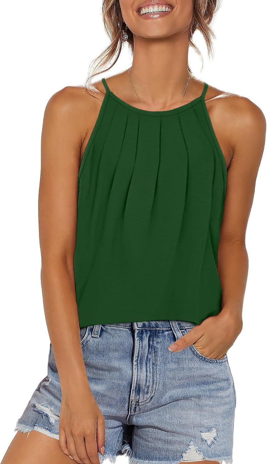 Womens Pleated Tank Tops Spaghetti Strap Camisole Halter Tops Curved Hem Fashion 2026