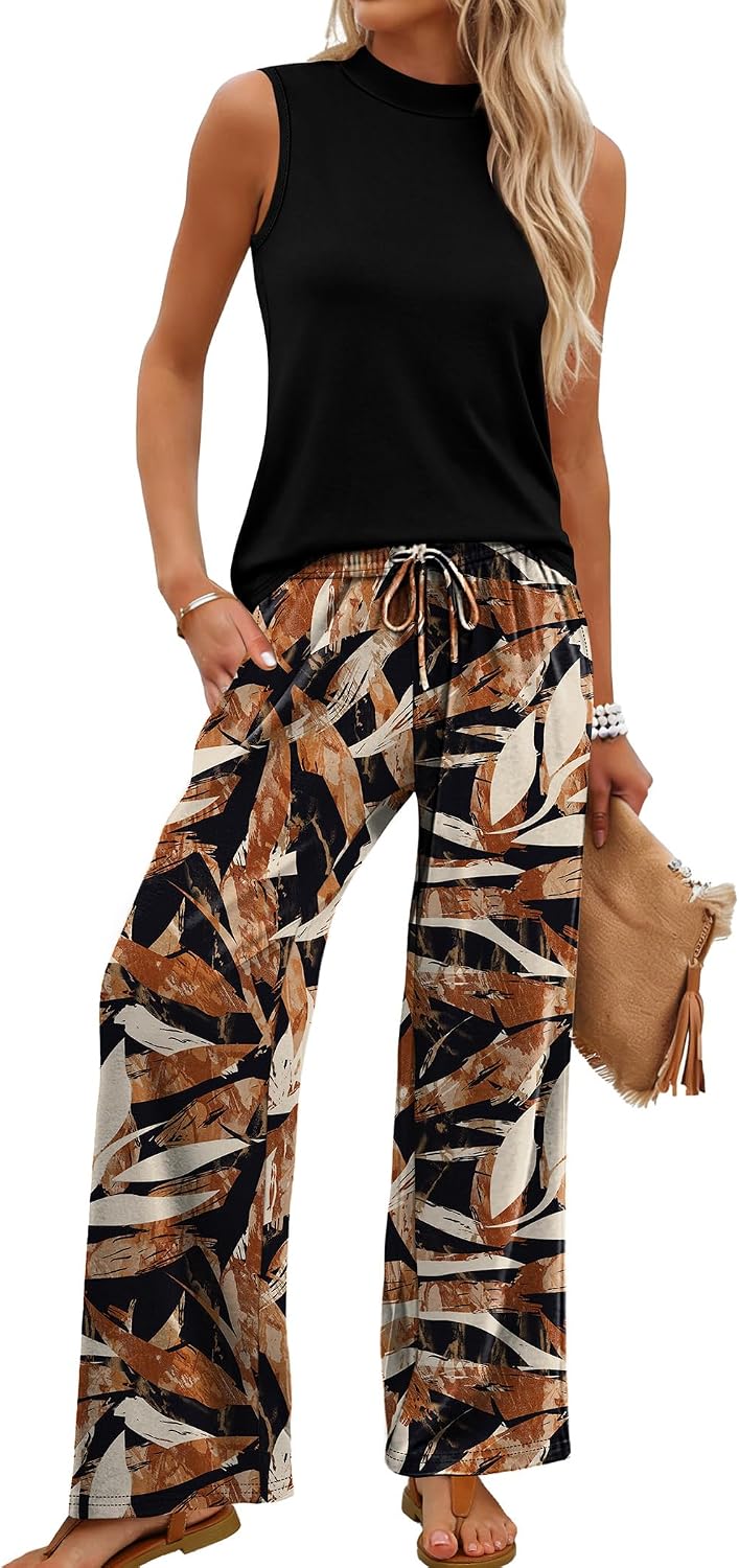 Two Piece Set for Women Summer Spring Outfits Cruise Travel Airport Beach Vacation Mock Neck Wide Leg Pants Set