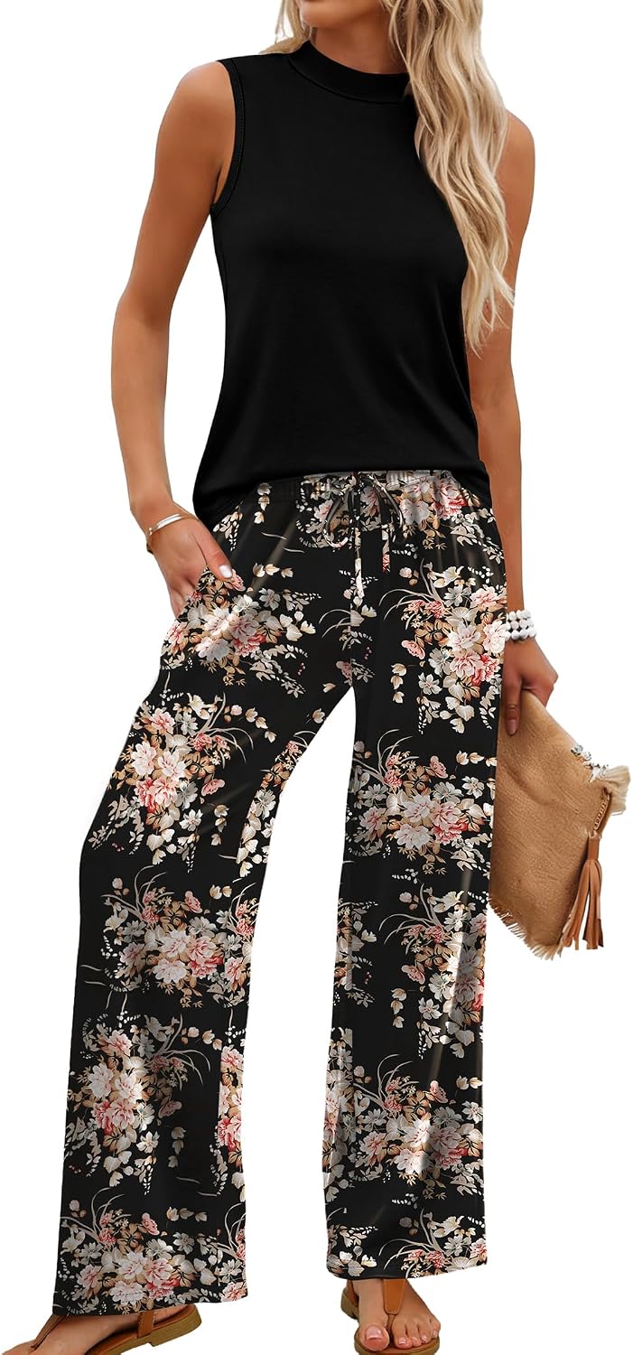 Two Piece Set for Women Summer Spring Outfits Cruise Travel Airport Beach Vacation Mock Neck Wide Leg Pants Set