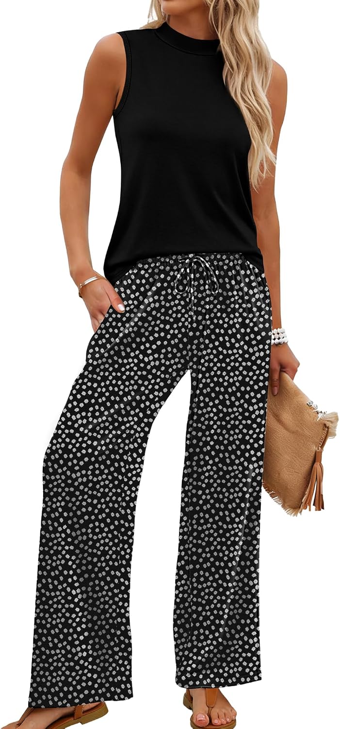 Two Piece Set for Women Summer Spring Outfits Cruise Travel Airport Beach Vacation Mock Neck Wide Leg Pants Set
