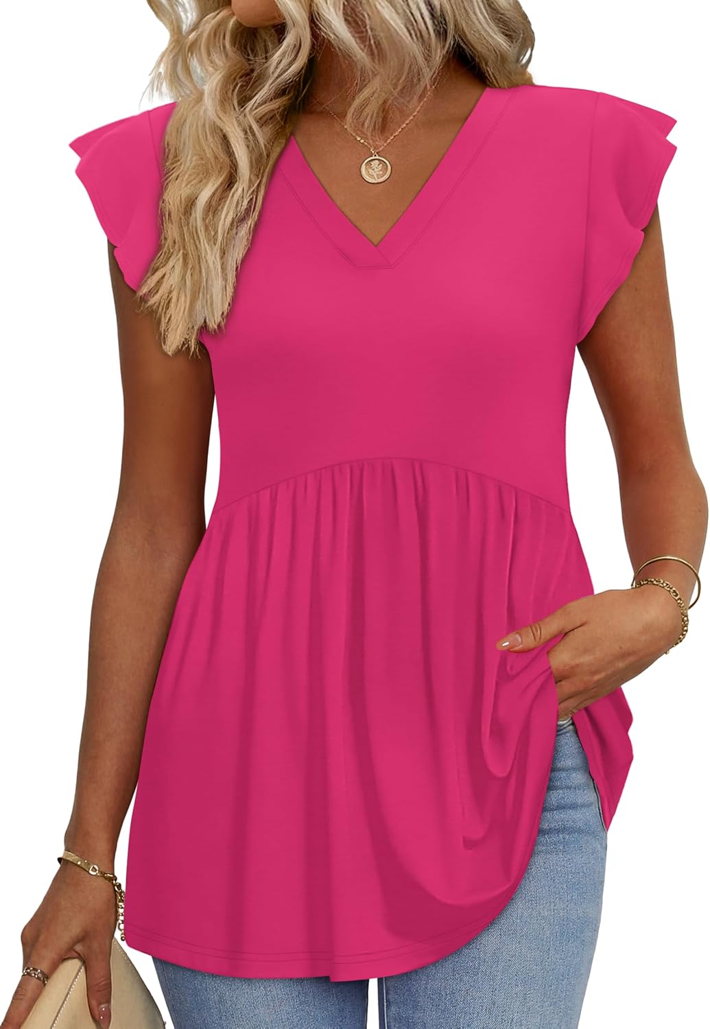Womens Summer Tops 2026 Babydoll Shirts Ruffle Sleeve Spring Outfits Dressy Casual Blouses