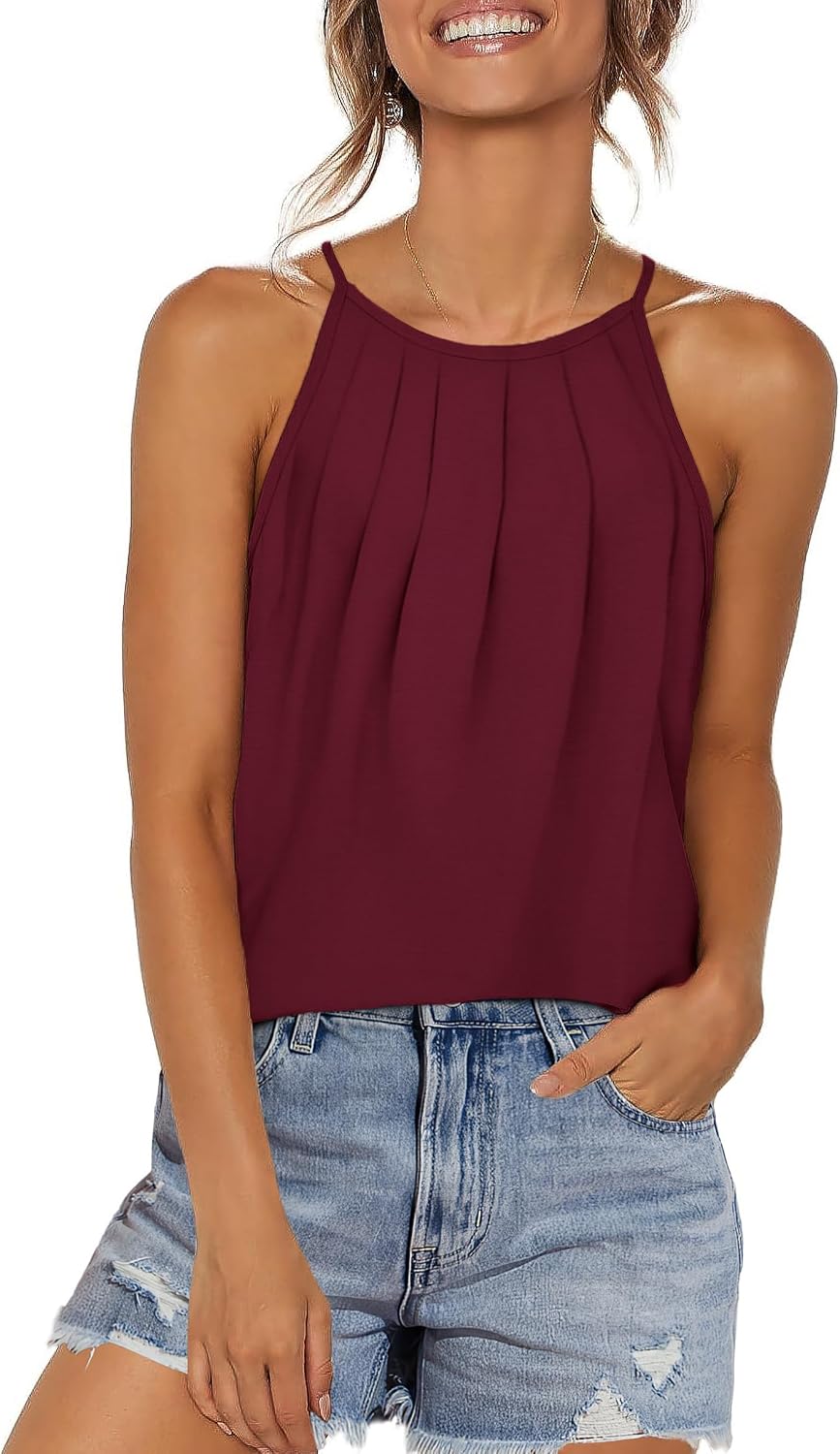 Womens Pleated Tank Tops Spaghetti Strap Camisole Halter Tops Curved Hem Fashion 2026