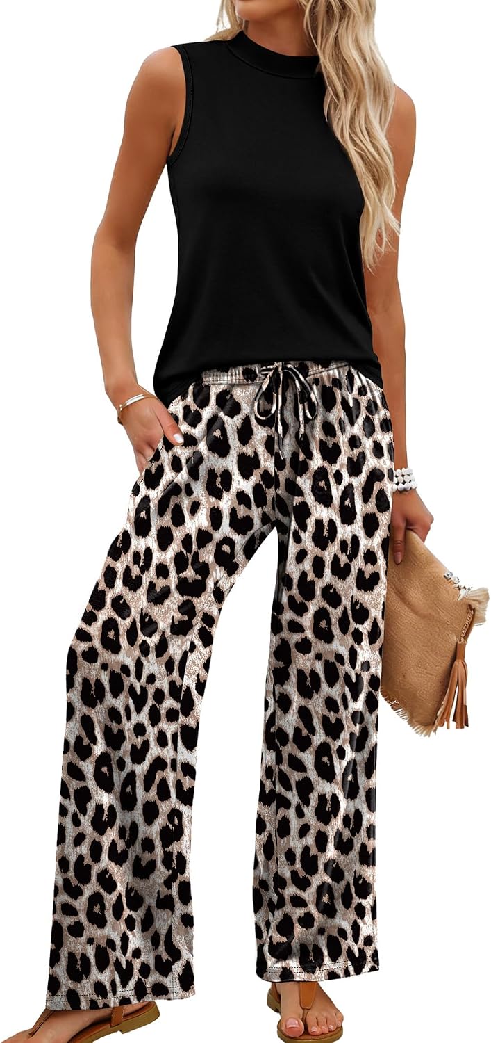 Two Piece Set for Women Summer Spring Outfits Cruise Travel Airport Beach Vacation Mock Neck Wide Leg Pants Set