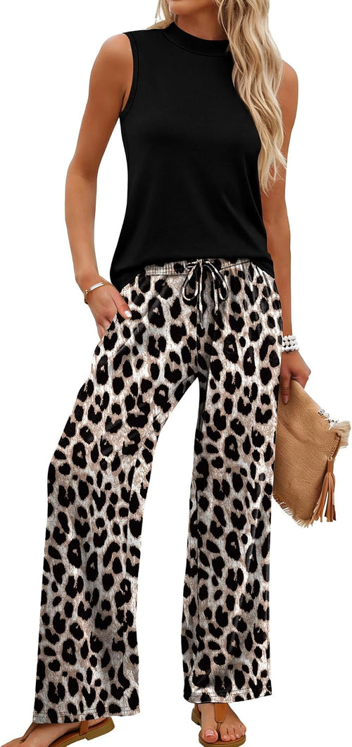 Two Piece Set for Women Summer Spring Outfits Cruise Travel Airport Beach Vacation Mock Neck Wide Leg Pants Set
