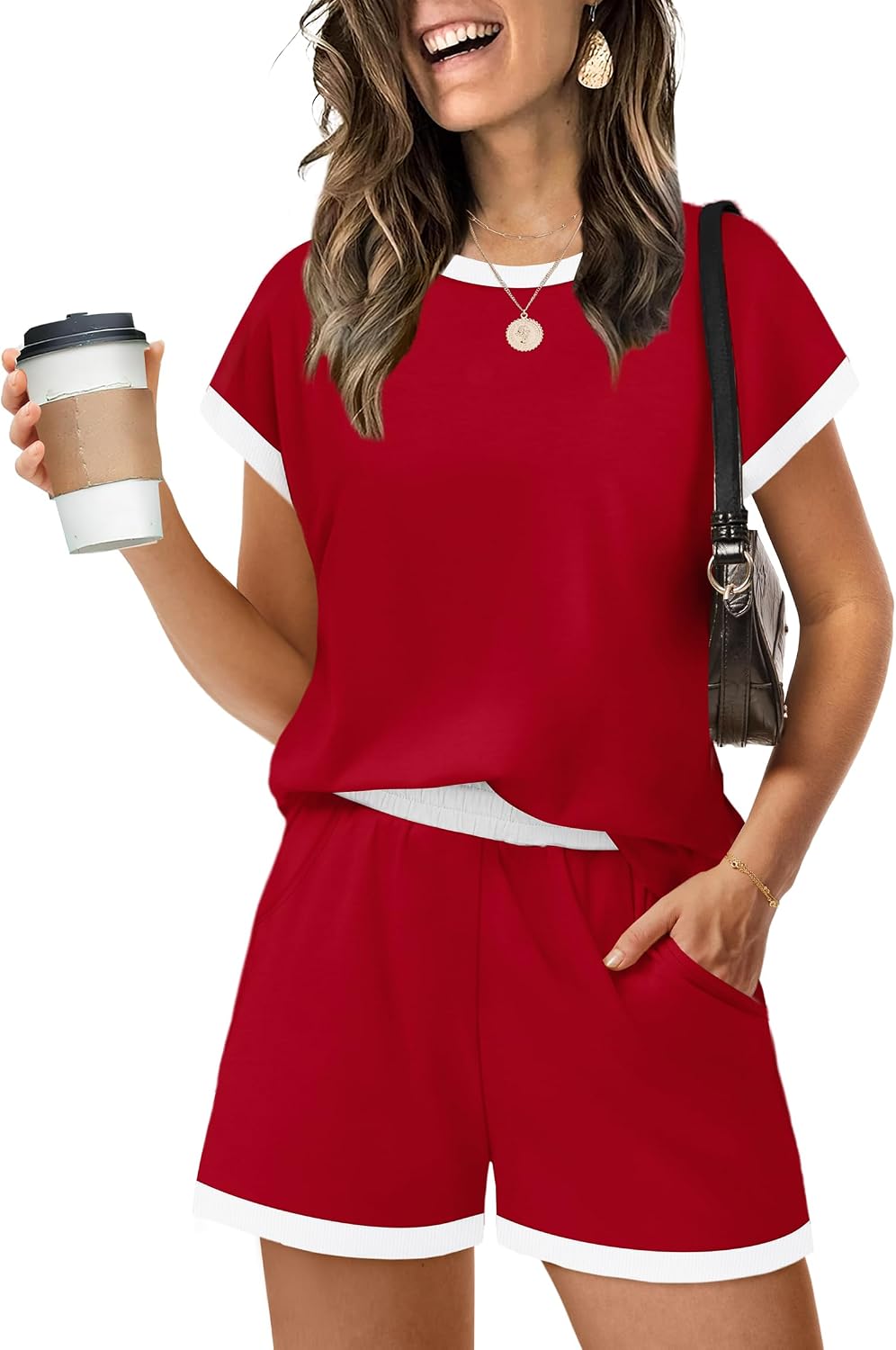 Two Piece Sets for Women Summer Lounge Short Sets Cap Sleeve Crew Neck Sweatsuit with Pocket XS-2XL