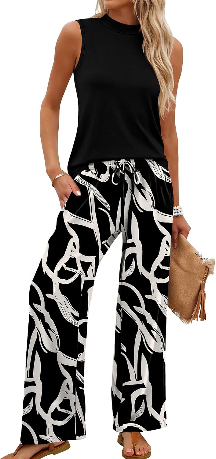 Two Piece Set for Women Summer Spring Outfits Cruise Travel Airport Beach Vacation Mock Neck Wide Leg Pants Set