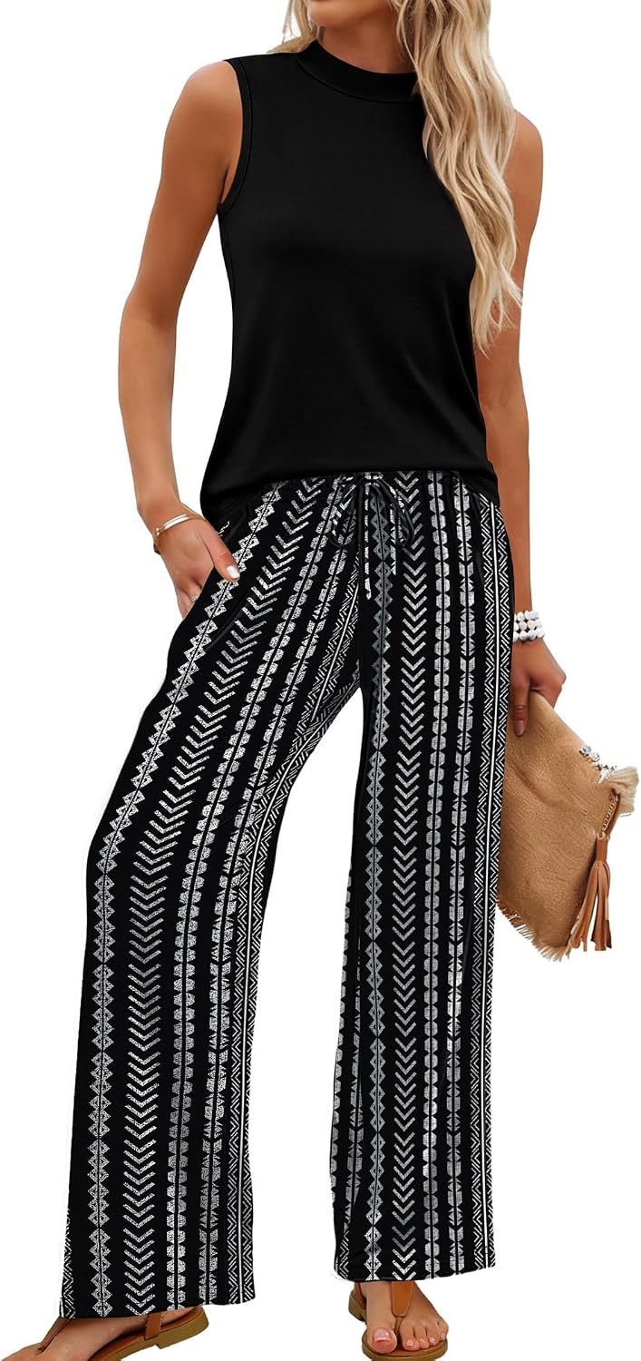Two Piece Set for Women Summer Spring Outfits Cruise Travel Airport Beach Vacation Mock Neck Wide Leg Pants Set