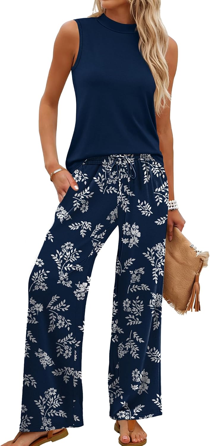 Two Piece Set for Women Summer Spring Outfits Cruise Travel Airport Beach Vacation Mock Neck Wide Leg Pants Set