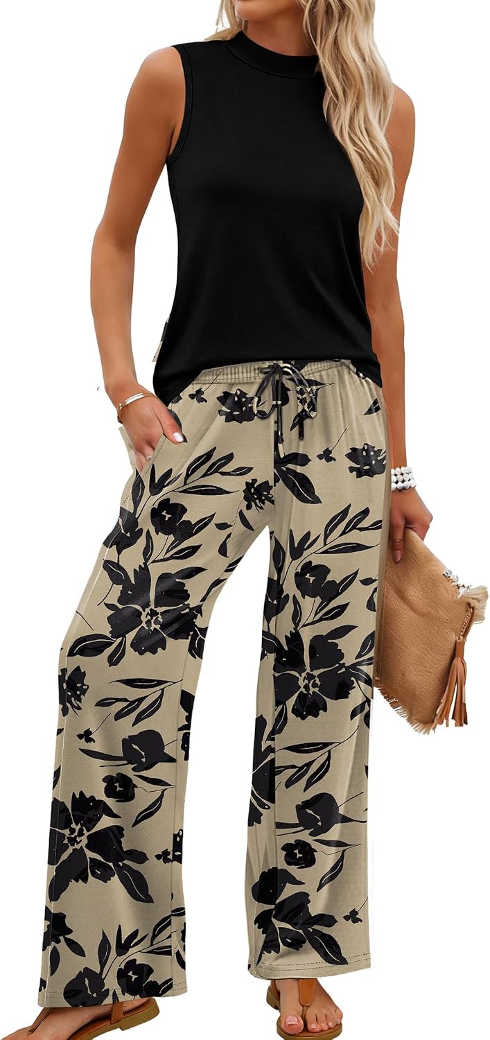 Two Piece Set for Women Summer Spring Outfits Cruise Travel Airport Beach Vacation Mock Neck Wide Leg Pants Set