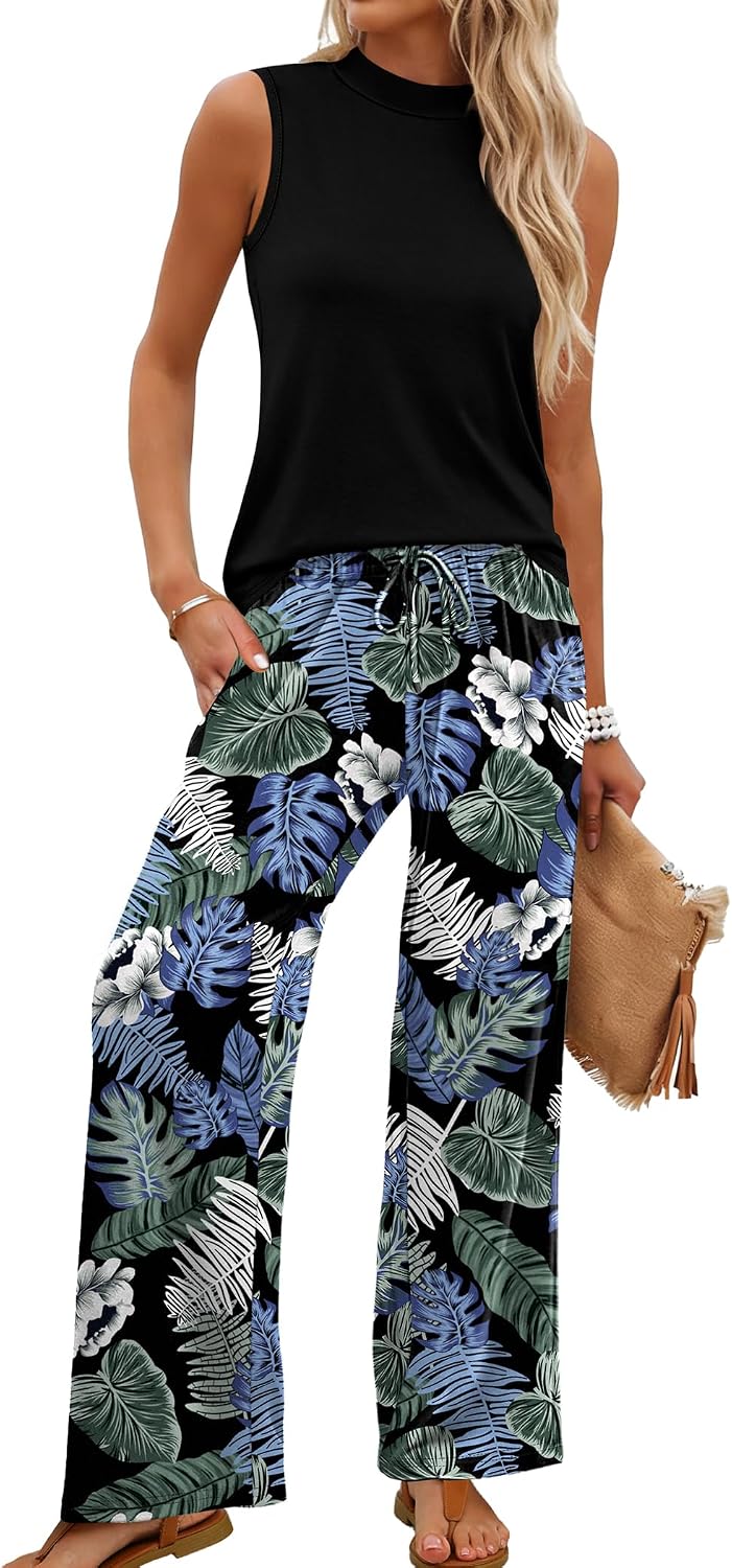 Two Piece Set for Women Summer Spring Outfits Cruise Travel Airport Beach Vacation Mock Neck Wide Leg Pants Set