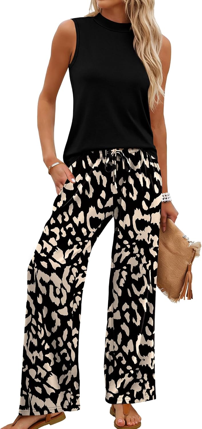 Two Piece Set for Women Summer Spring Outfits Cruise Travel Airport Beach Vacation Mock Neck Wide Leg Pants Set