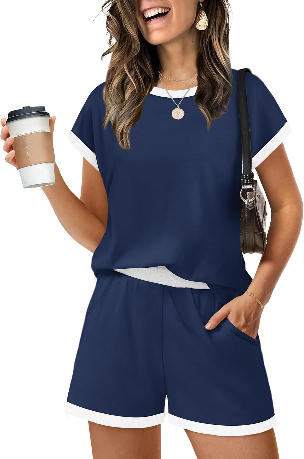 Two Piece Sets for Women Summer Lounge Short Sets Cap Sleeve Crew Neck Sweatsuit with Pocket XS-2XL