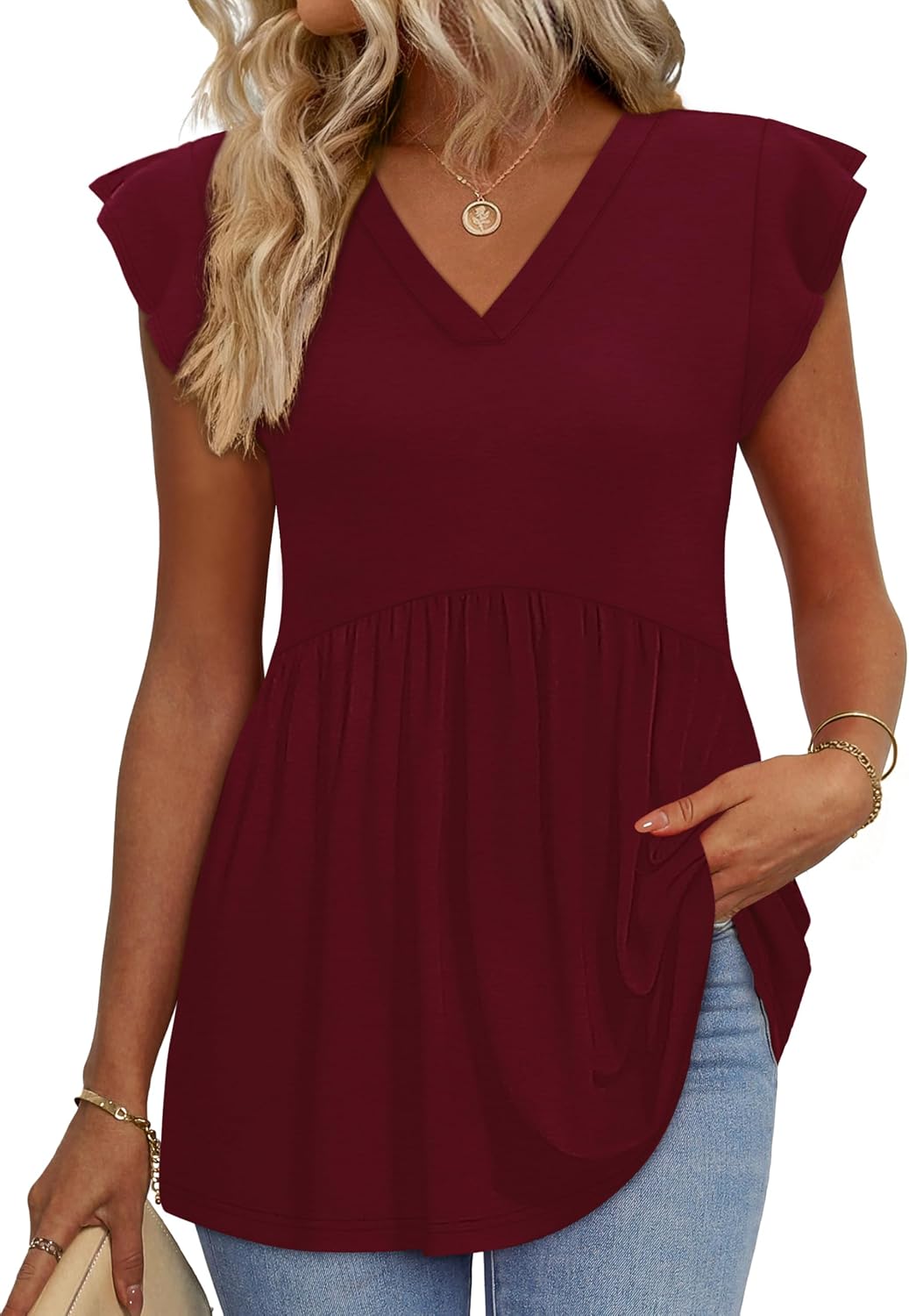 Womens Summer Tops 2026 Babydoll Shirts Ruffle Sleeve Spring Outfits Dressy Casual Blouses