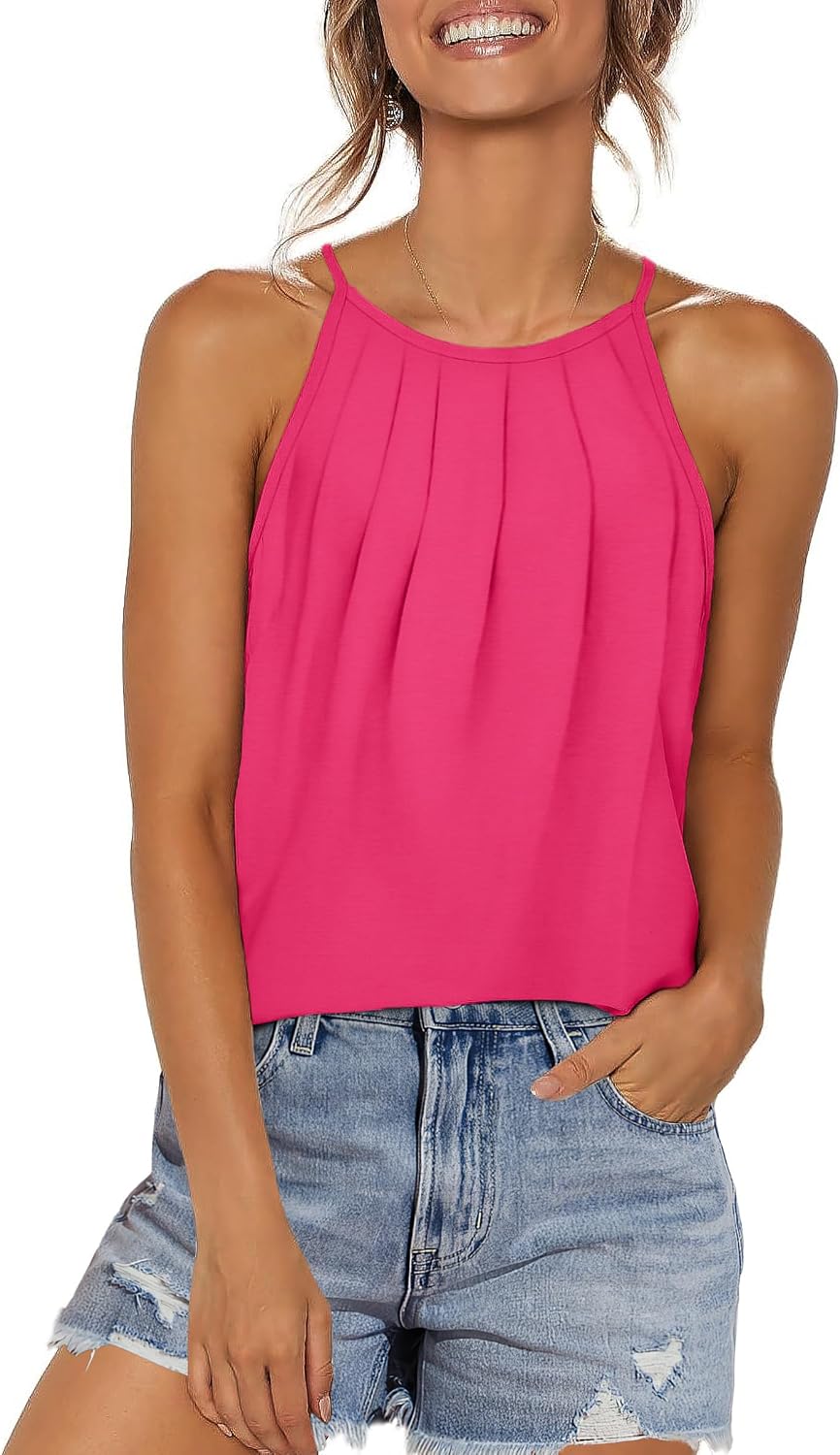 Womens Pleated Tank Tops Spaghetti Strap Camisole Halter Tops Curved Hem Fashion 2026