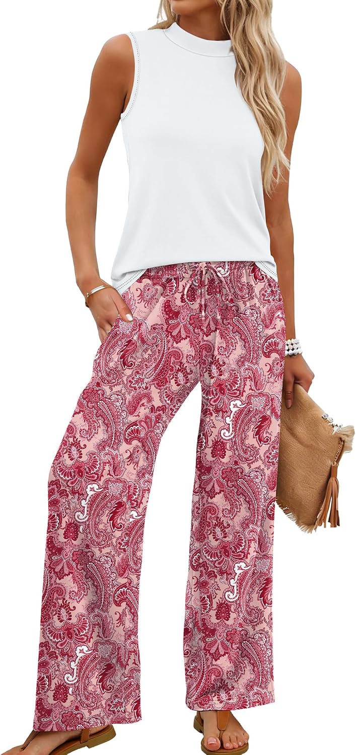 Two Piece Set for Women Summer Spring Outfits Cruise Travel Airport Beach Vacation Mock Neck Wide Leg Pants Set