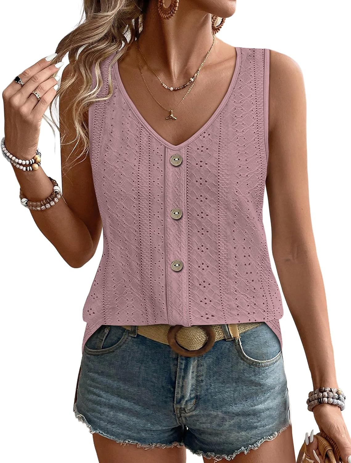 Womens Tank Tops Loose Casual Summer Tops Eyelet V Neck Basic Sleeveless Shirts Trendy 2026