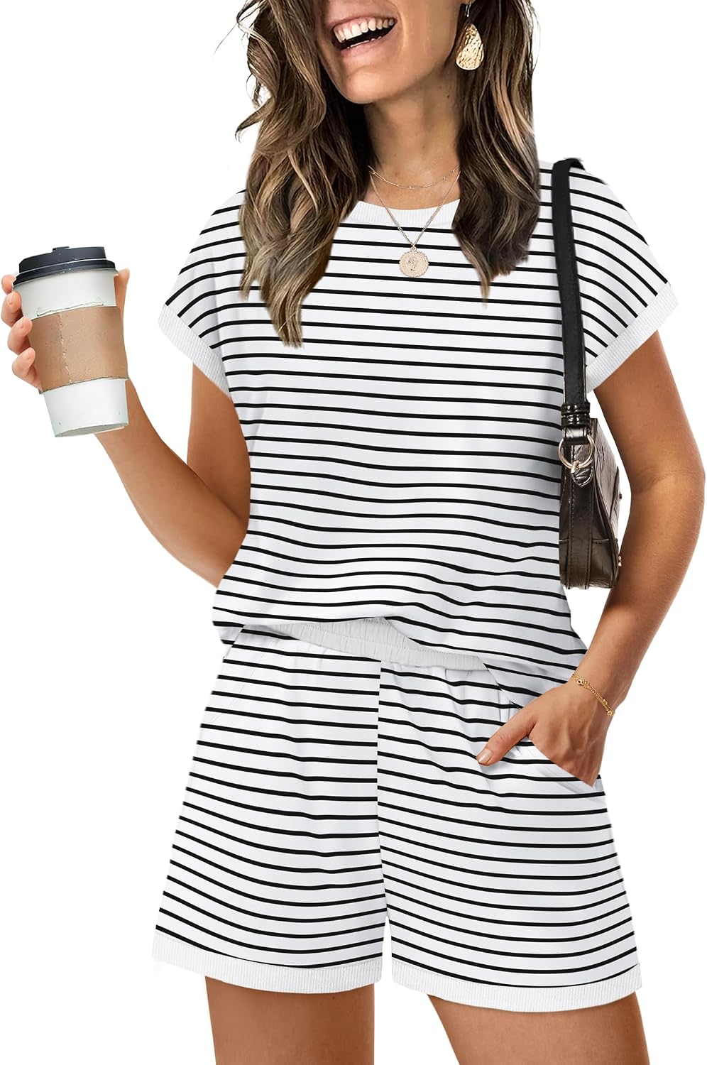 Two Piece Sets for Women Summer Lounge Short Sets Cap Sleeve Crew Neck Sweatsuit with Pocket XS-2XL