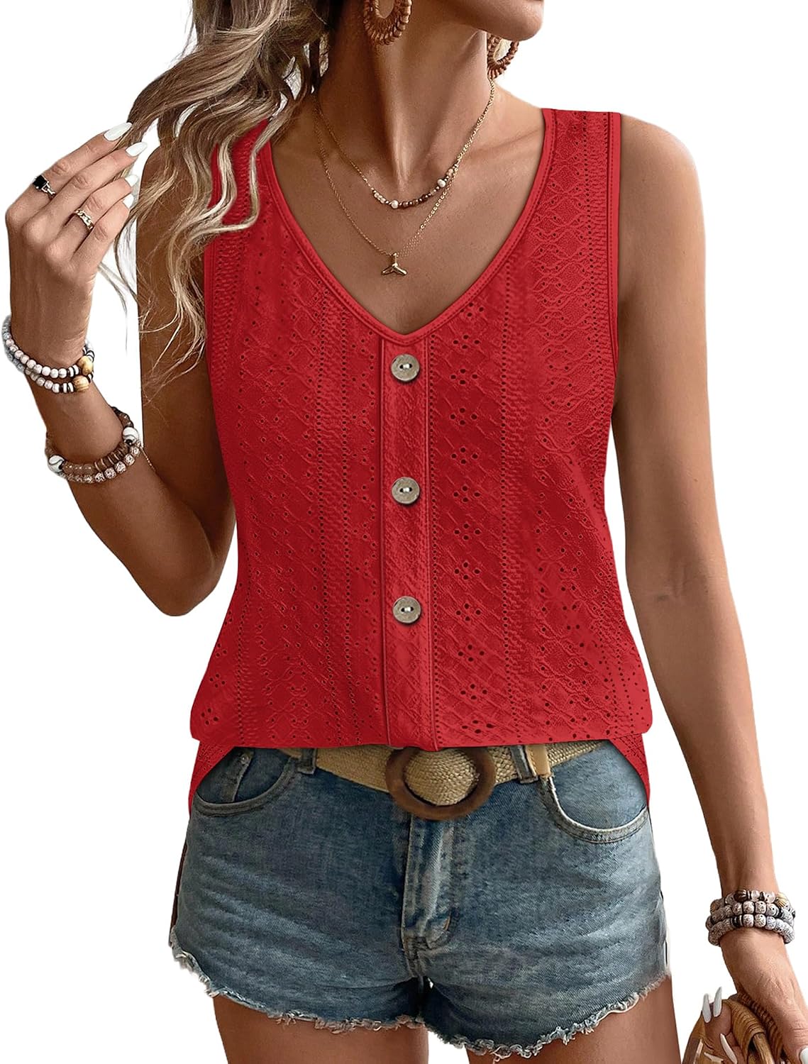 Womens Tank Tops Loose Casual Summer Tops Eyelet V Neck Basic Sleeveless Shirts Trendy 2026