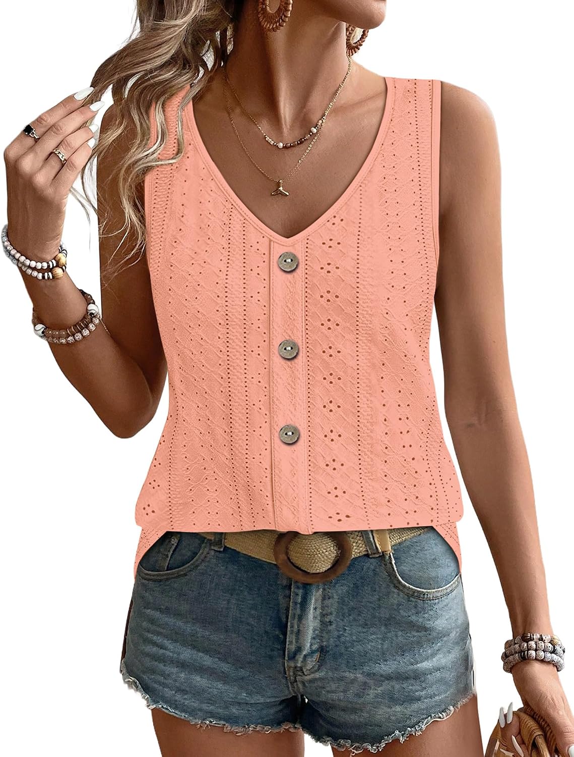 Womens Tank Tops Loose Casual Summer Tops Eyelet V Neck Basic Sleeveless Shirts Trendy 2026