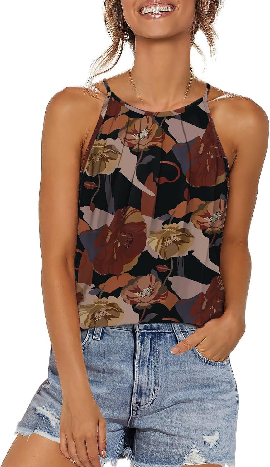 Womens Pleated Tank Tops Spaghetti Strap Camisole Halter Tops Curved Hem Fashion 2026