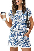 Two Piece Sets for Women Summer Lounge Short Sets Cap Sleeve Crew Neck Sweatsuit with Pocket XS-2XL