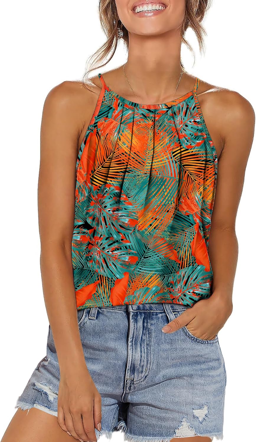 Womens Pleated Tank Tops Spaghetti Strap Camisole Halter Tops Curved Hem Fashion 2026
