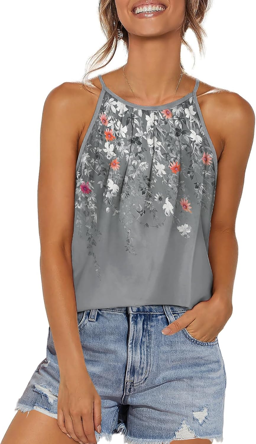 Womens Pleated Tank Tops Spaghetti Strap Camisole Halter Tops Curved Hem Fashion 2026