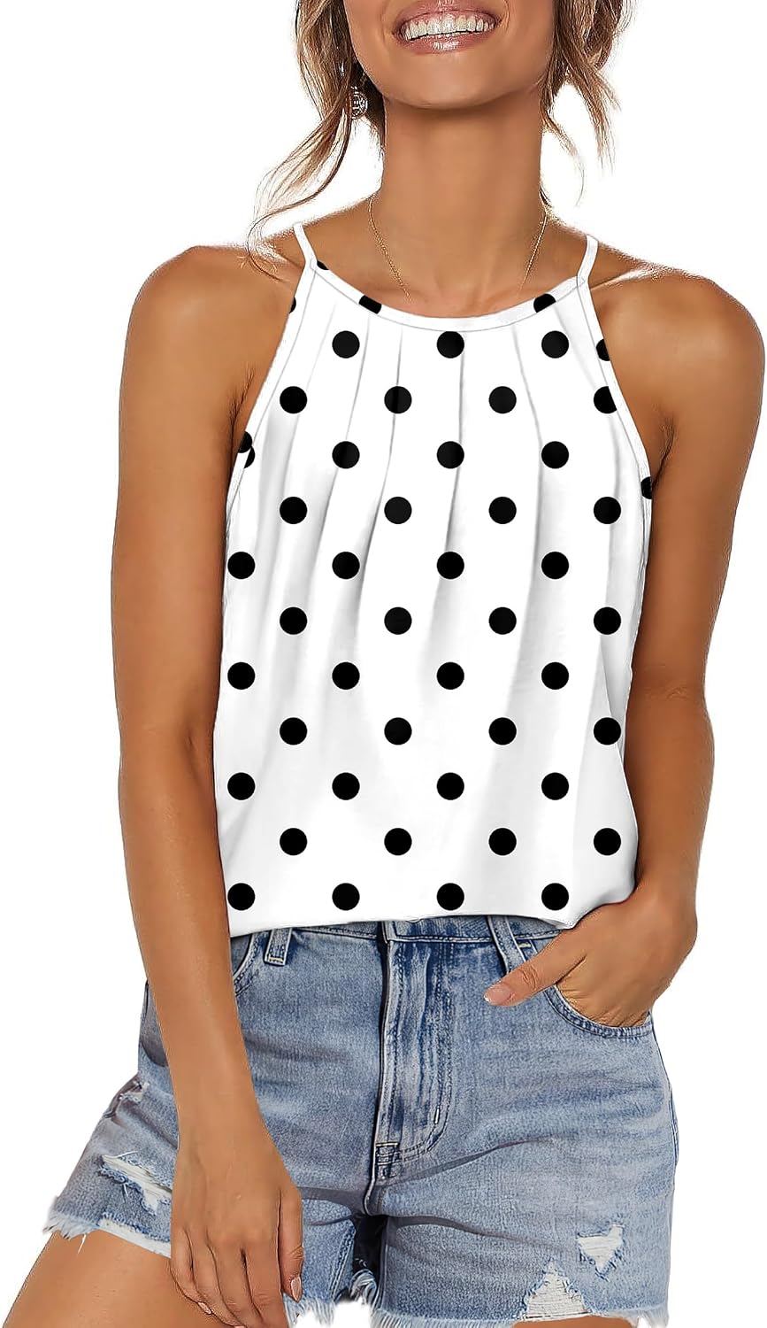 Womens Pleated Tank Tops Spaghetti Strap Camisole Halter Tops Curved Hem Fashion 2026