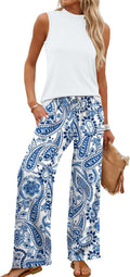 Two Piece Set for Women Summer Spring Outfits Cruise Travel Airport Beach Vacation Mock Neck Wide Leg Pants Set