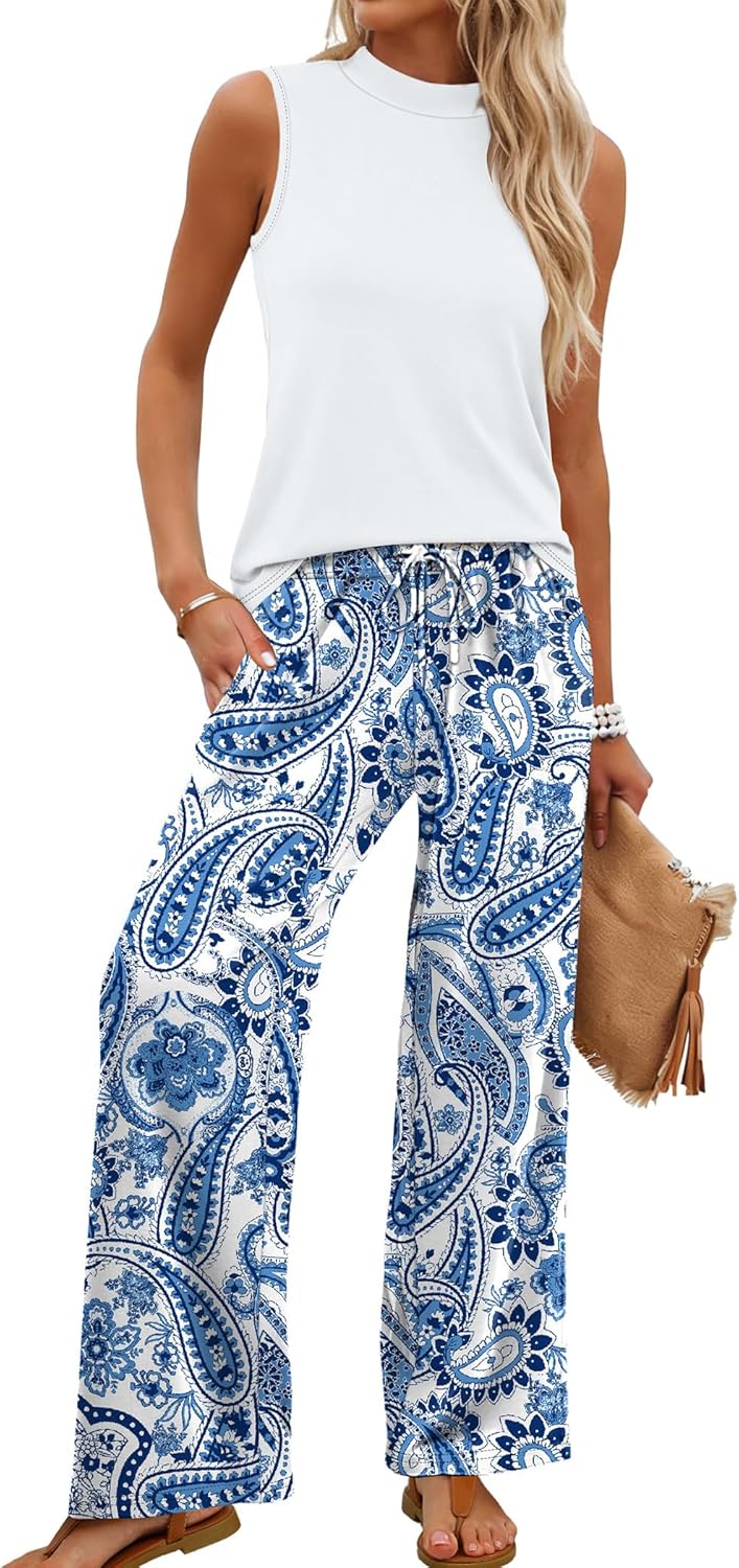 Two Piece Set for Women Summer Spring Outfits Cruise Travel Airport Beach Vacation Mock Neck Wide Leg Pants Set
