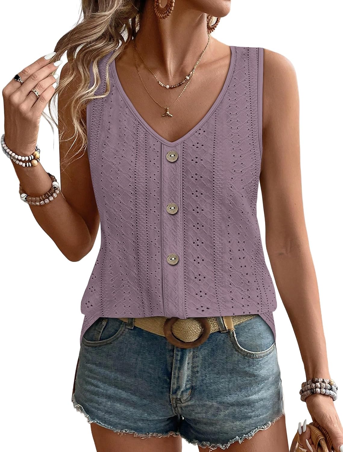Womens Tank Tops Loose Casual Summer Tops Eyelet V Neck Basic Sleeveless Shirts Trendy 2026