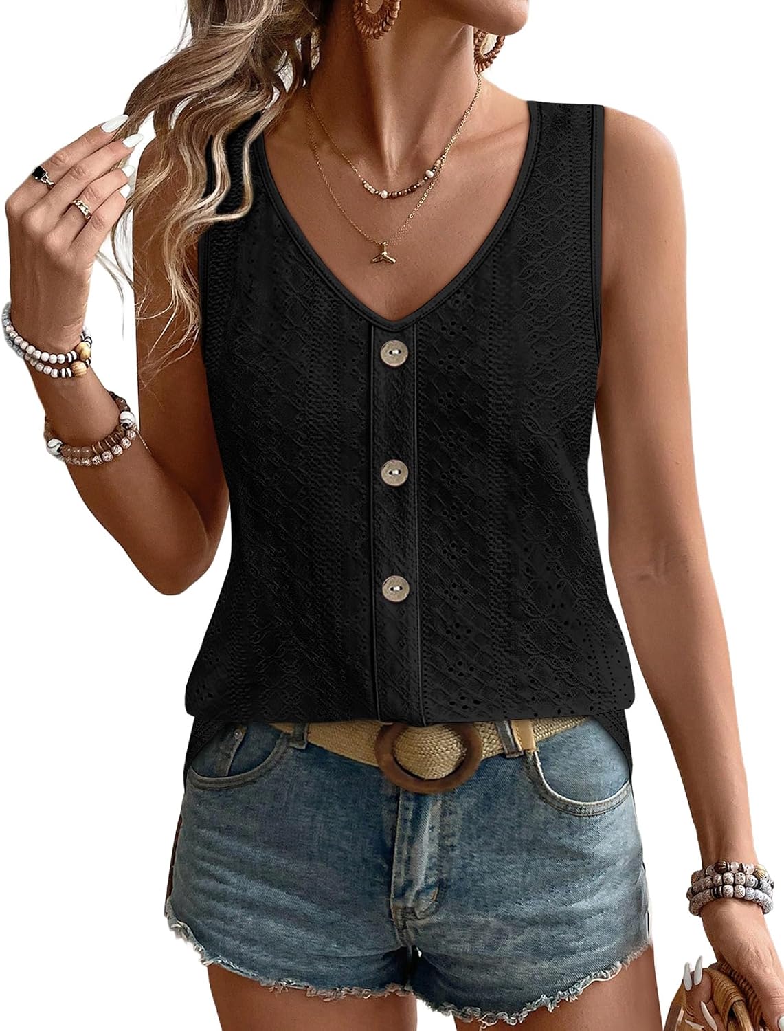 Womens Tank Tops Loose Casual Summer Tops Eyelet V Neck Basic Sleeveless Shirts Trendy 2026