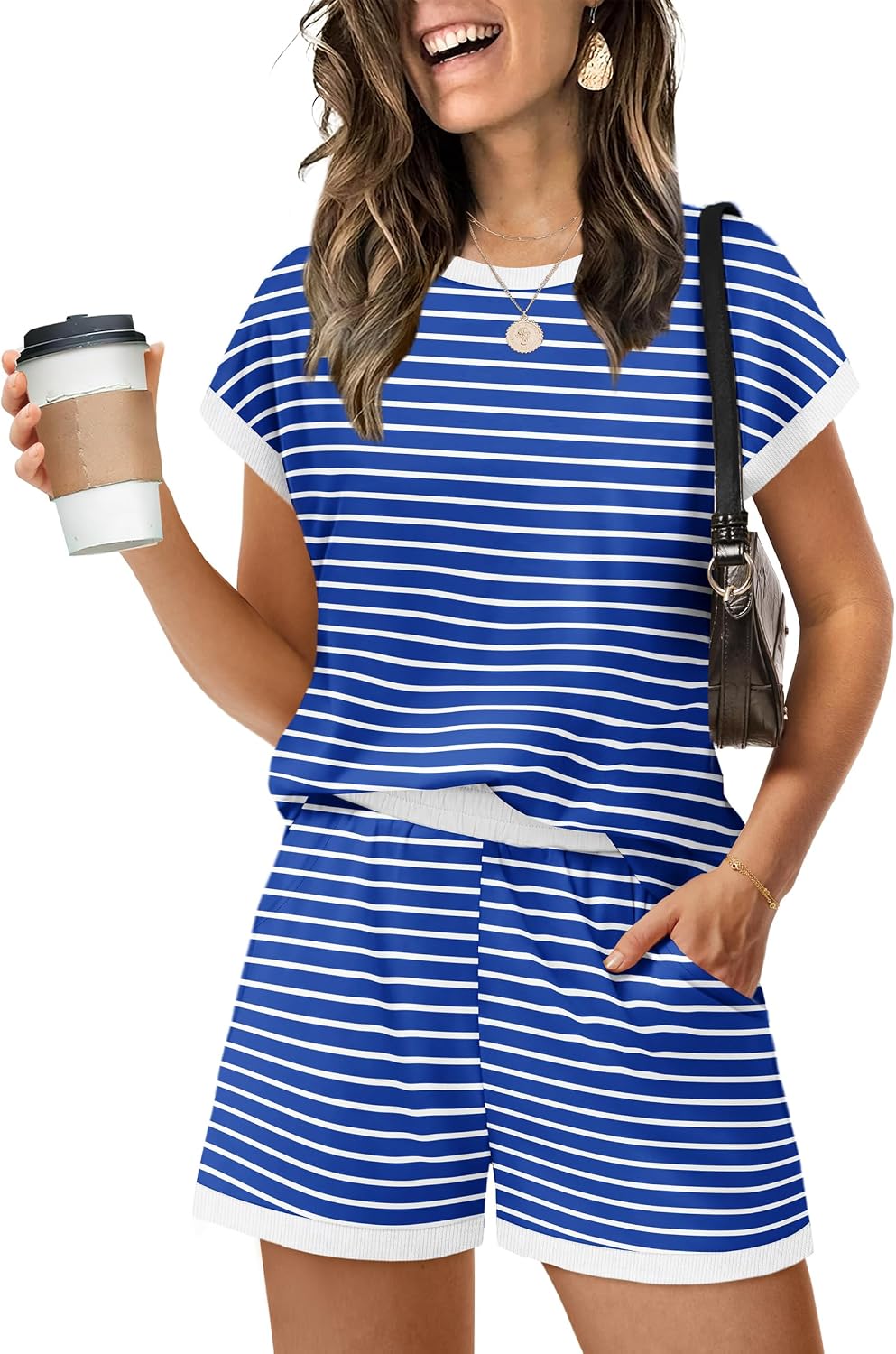 Two Piece Sets for Women Summer Lounge Short Sets Cap Sleeve Crew Neck Sweatsuit with Pocket XS-2XL