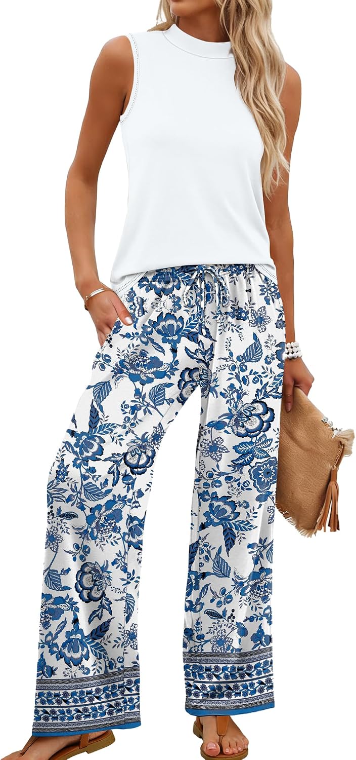 Two Piece Set for Women Summer Spring Outfits Cruise Travel Airport Beach Vacation Mock Neck Wide Leg Pants Set