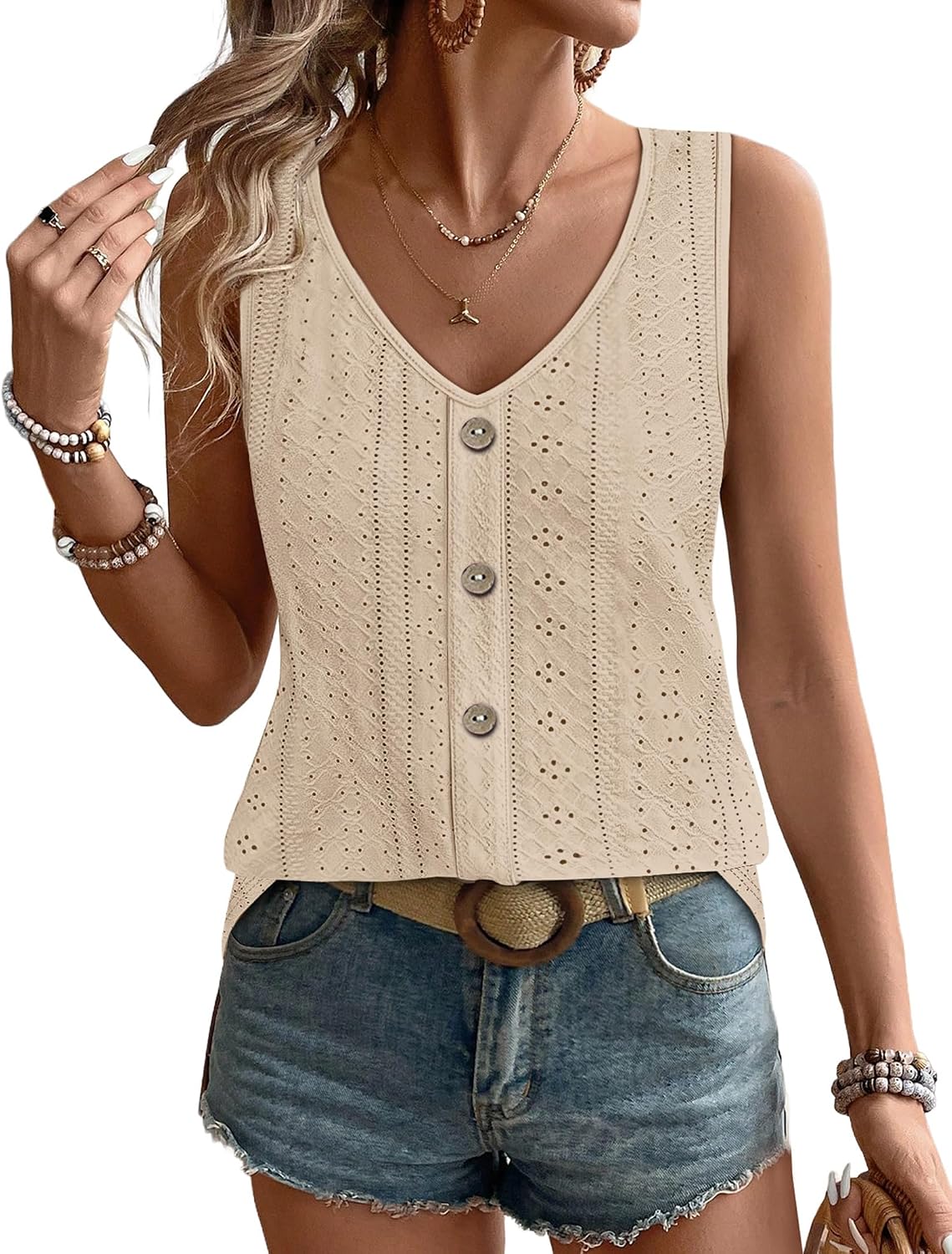Womens Tank Tops Loose Casual Summer Tops Eyelet V Neck Basic Sleeveless Shirts Trendy 2026