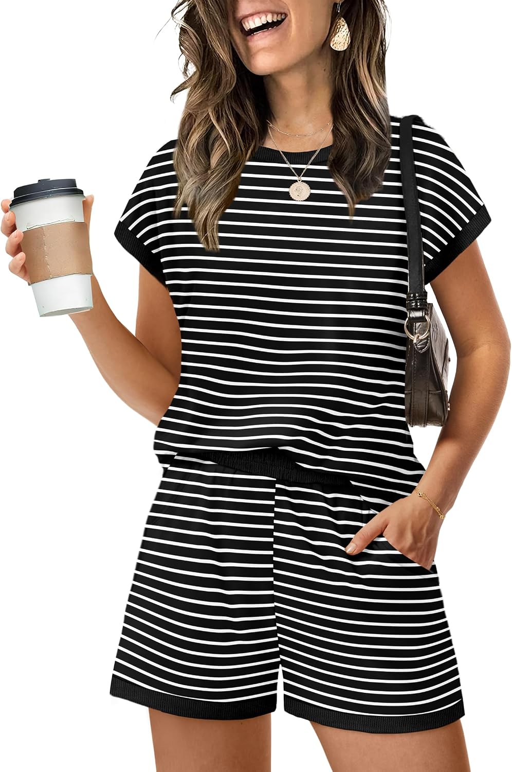 Two Piece Sets for Women Summer Lounge Short Sets Cap Sleeve Crew Neck Sweatsuit with Pocket XS-2XL