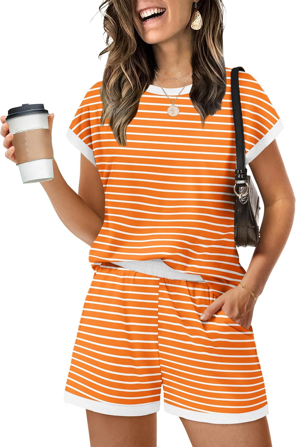Two Piece Sets for Women Summer Lounge Short Sets Cap Sleeve Crew Neck Sweatsuit with Pocket XS-2XL