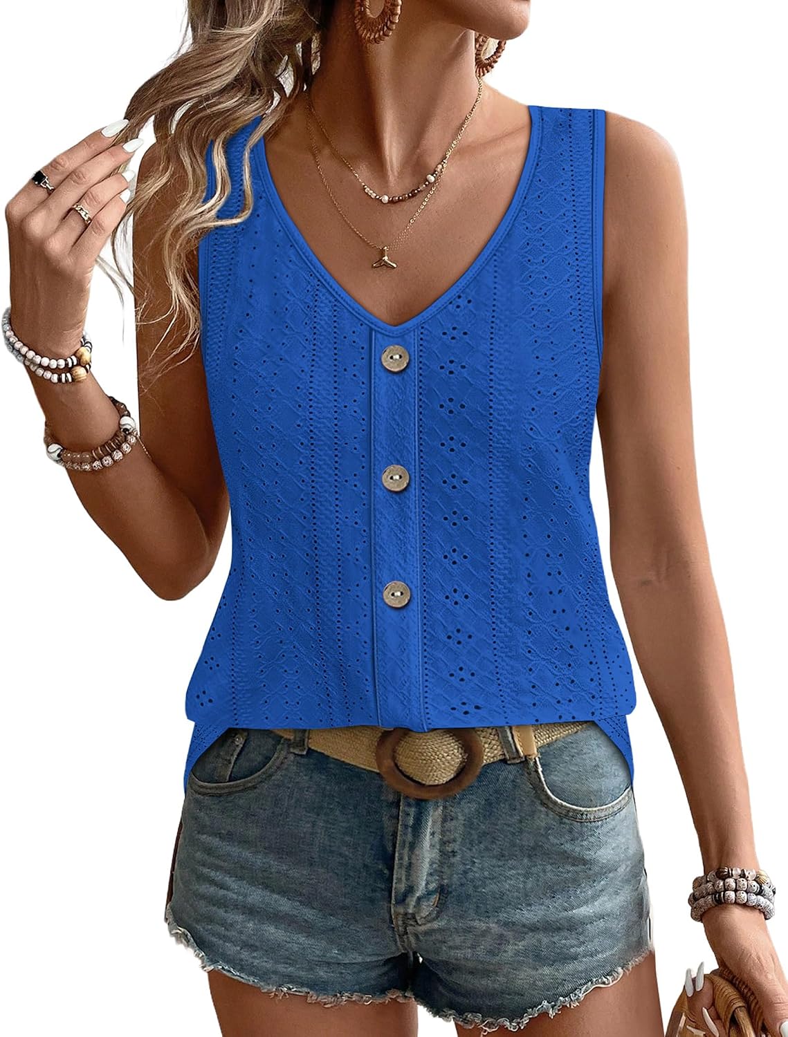 Womens Tank Tops Loose Casual Summer Tops Eyelet V Neck Basic Sleeveless Shirts Trendy 2026