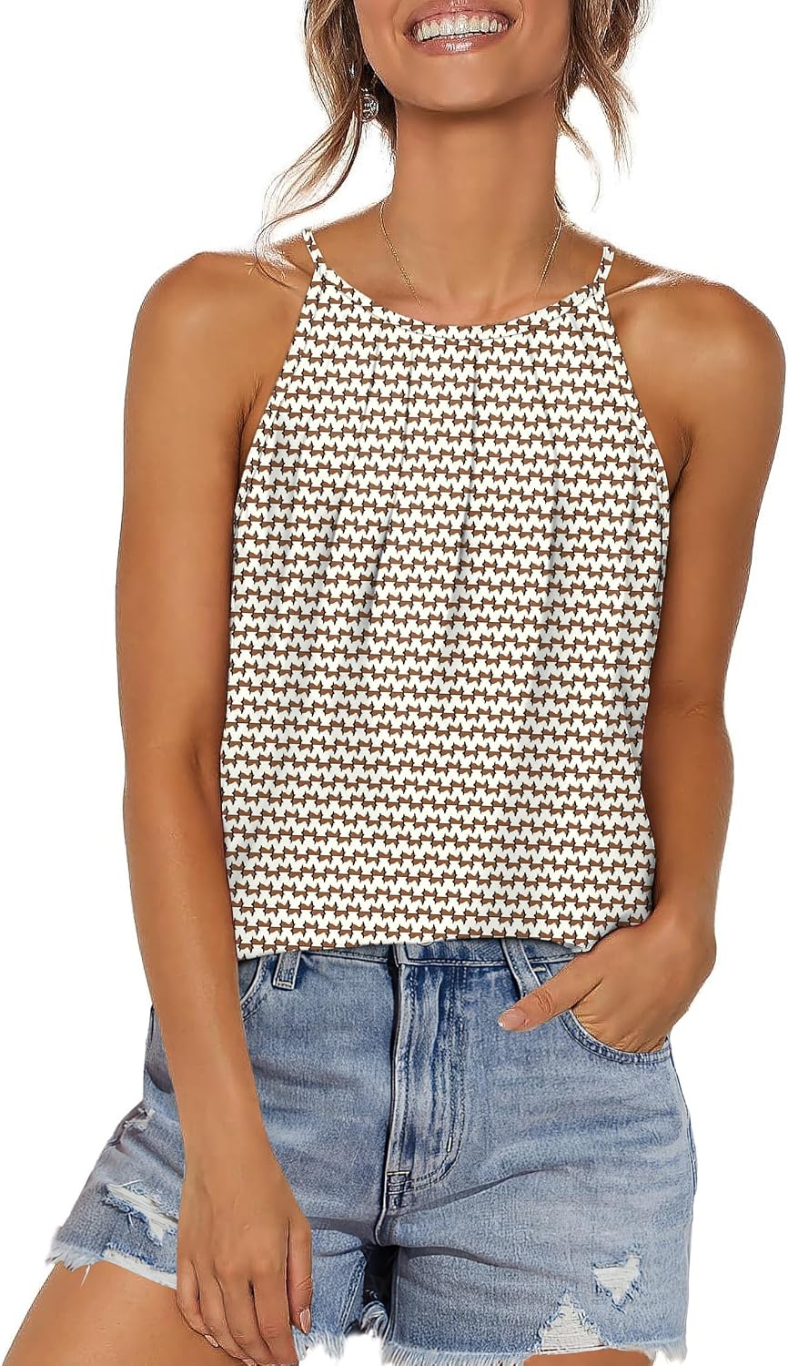 Womens Pleated Tank Tops Spaghetti Strap Camisole Halter Tops Curved Hem Fashion 2026