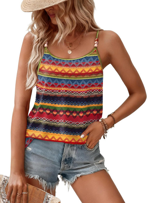 Tank Tops for Women Beaded Spaghetti Strap Cami Flowy Scoop Neck Sleeveless Summer Beach Vacation Spring Clothes