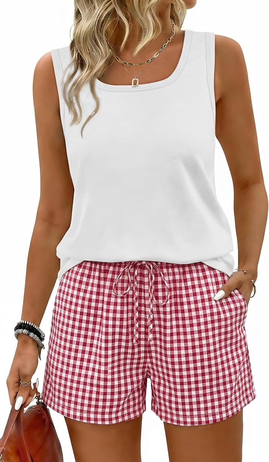 Two Piece Sets for Women Summer Lounge Short Sets Tank Square Neck Sleeveless Sweatsuit with Pocket