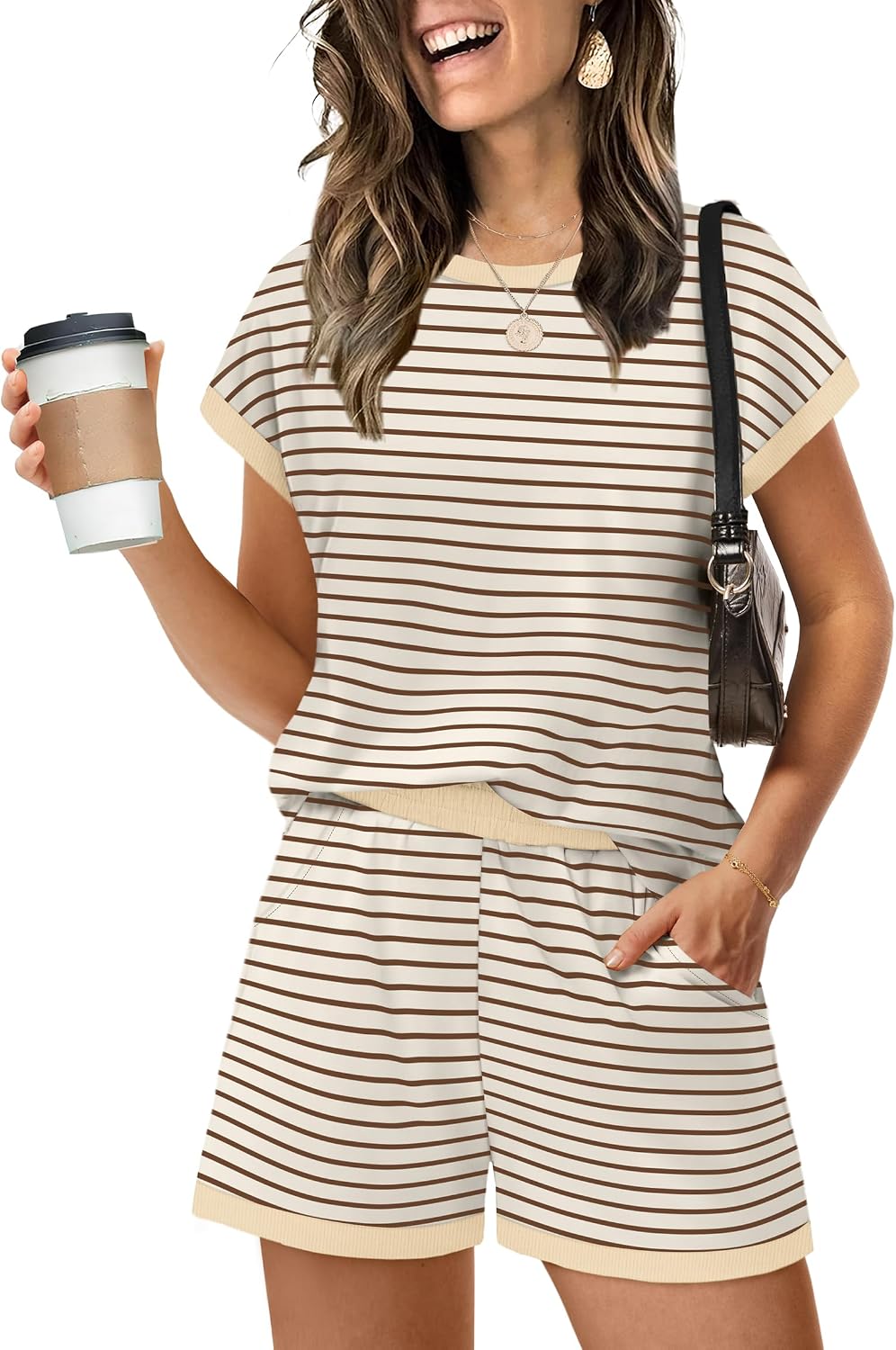 Two Piece Sets for Women Summer Lounge Short Sets Cap Sleeve Crew Neck Sweatsuit with Pocket XS-2XL