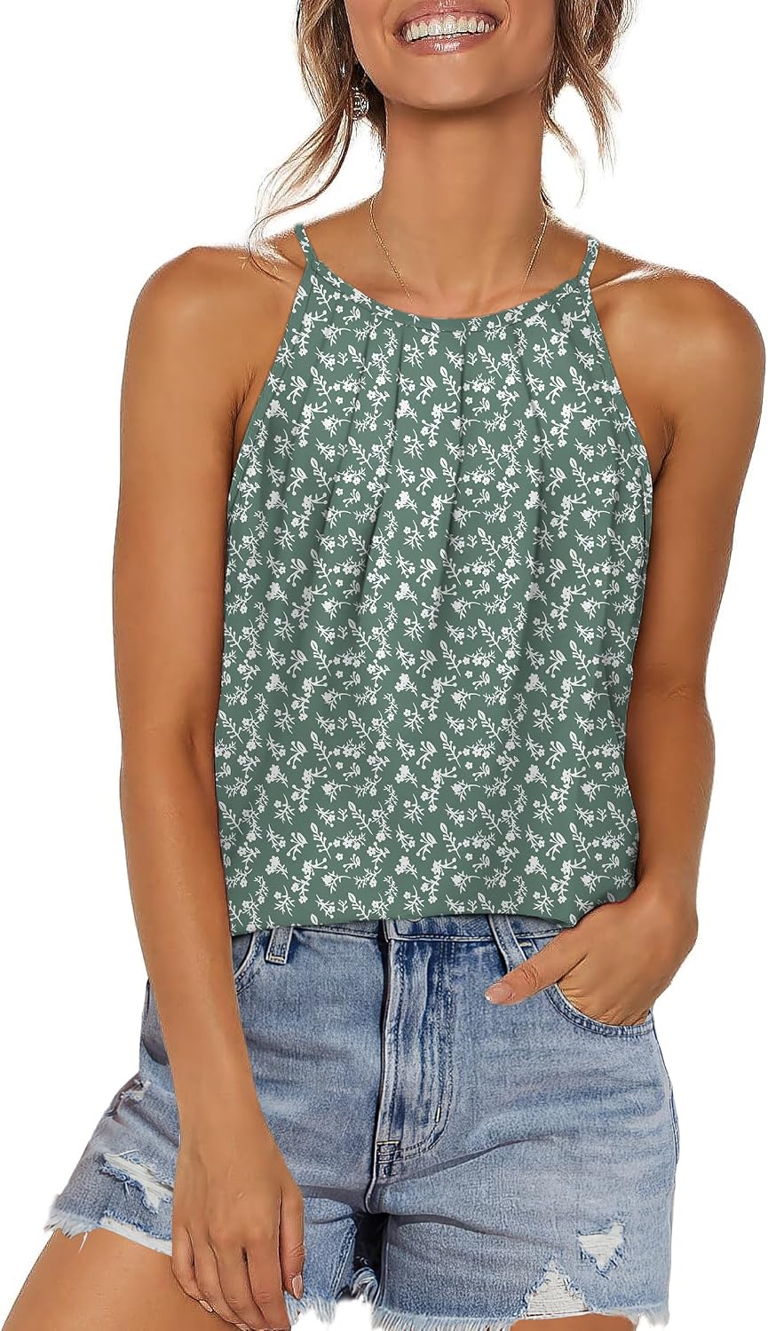 Womens Pleated Tank Tops Spaghetti Strap Camisole Halter Tops Curved Hem Fashion 2026