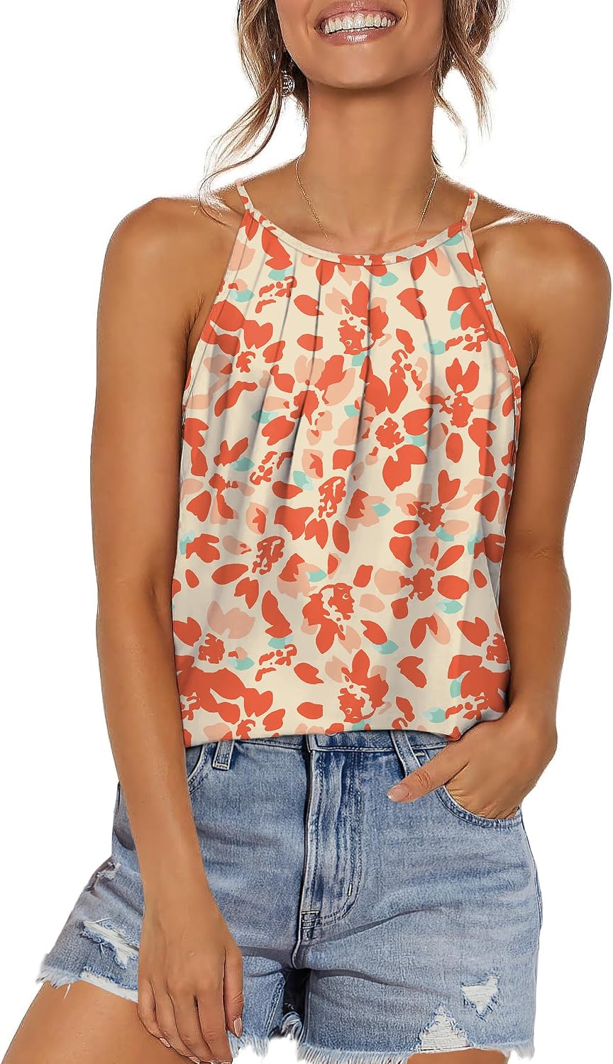 Womens Pleated Tank Tops Spaghetti Strap Camisole Halter Tops Curved Hem Fashion 2026